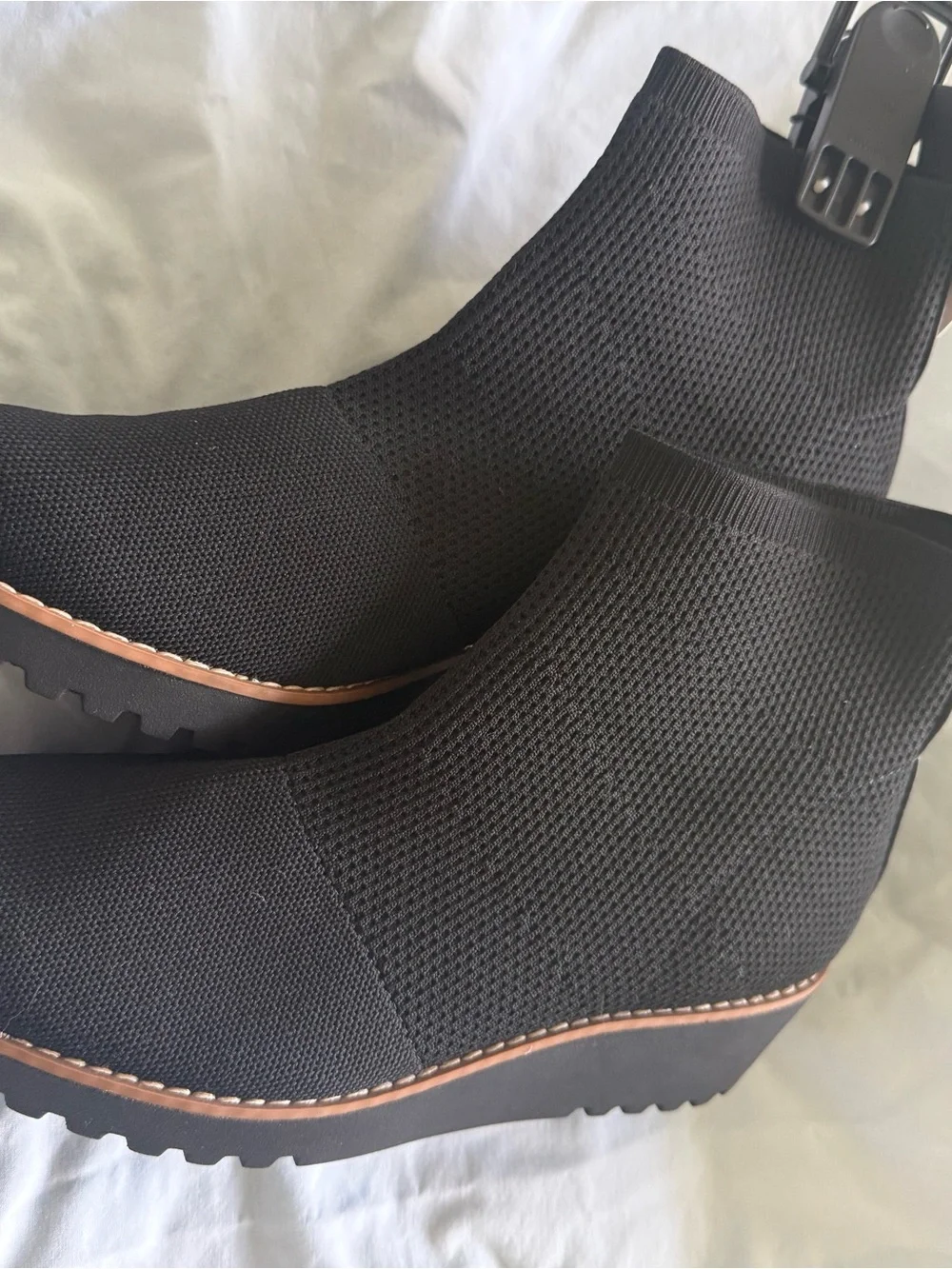 Time and Tru Black Knit Wedge Ankle Booties with Tan Trim